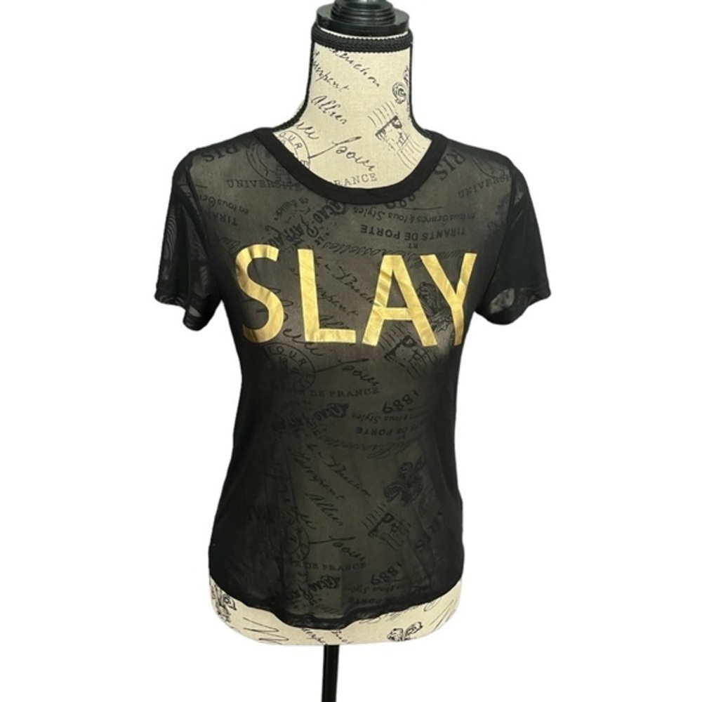 EUC -‎ Papaya “SLAY” Black Mesh Top